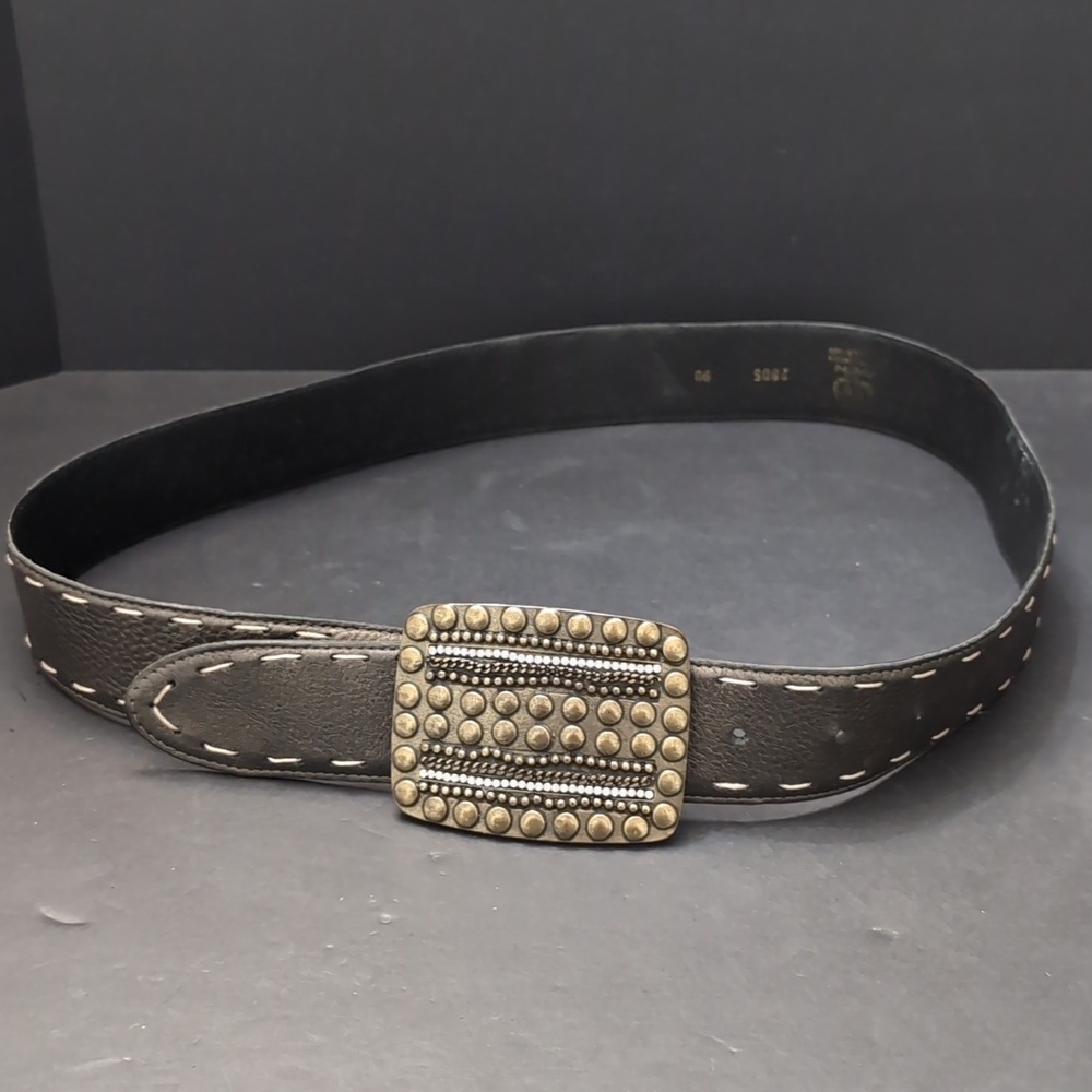 Avion Women's Black Leather Belt with A Large Ornate Studded Buckle.